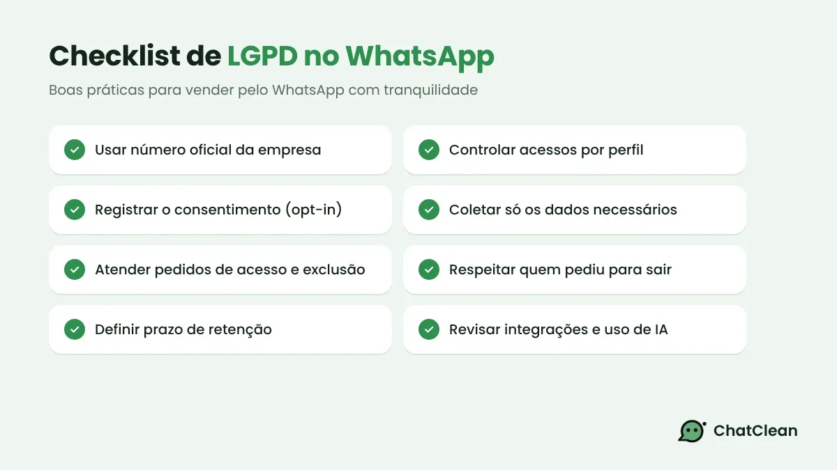Checklist de boas práticas de LGPD no atendimento pelo WhatsApp, como usar número oficial, controlar acessos, registrar consentimento e definir prazo de retenção.